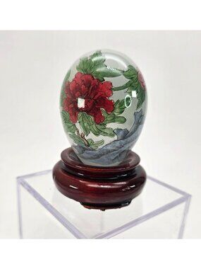 Hand-Painted Floral & Bird Glass Egg Paperweight With Wooden Stand je212